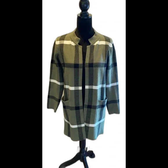 Tahari Windowpane Plaid Cardigan Sweater Long Pockets Size ? Medium to Large - Picture 1 of 12
